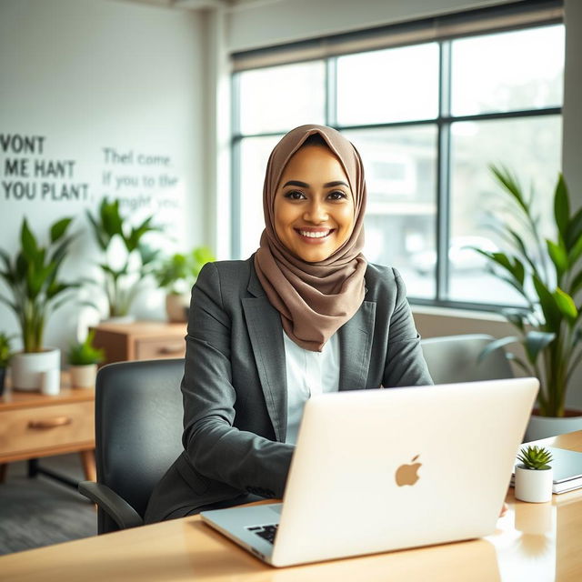 A successful Muslim woman portrayed in a modern office environment, wearing a stylish hijab, confidently seated at her desk with a laptop open in front of her