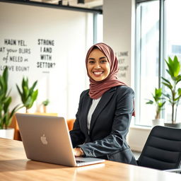 A successful Muslim woman portrayed in a modern office environment, wearing a stylish hijab, confidently seated at her desk with a laptop open in front of her