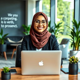 A successful Muslim woman portrayed in a modern office environment, wearing a stylish hijab, confidently seated at her desk with a laptop open in front of her