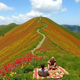 A picturesque view of a lush green hill, covered with vibrant wildflowers of various colors, including red, yellow, and purple