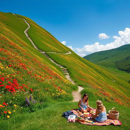 A picturesque view of a lush green hill, covered with vibrant wildflowers of various colors, including red, yellow, and purple