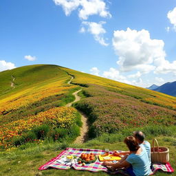 A picturesque view of a lush green hill, covered with vibrant wildflowers of various colors, including red, yellow, and purple