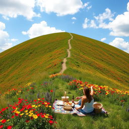 A picturesque view of a lush green hill, covered with vibrant wildflowers of various colors, including red, yellow, and purple