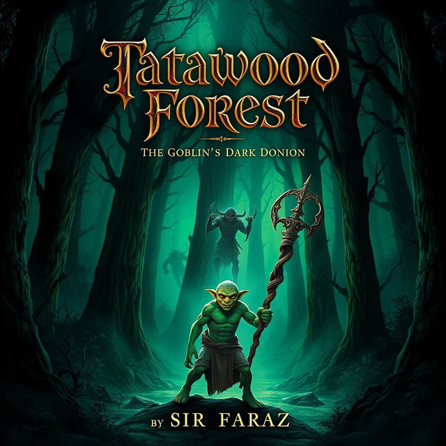 A captivating book cover for a fantasy novel titled 'Tatawood Forest: The Goblin's Dark Dominion' by Sir Faraz (2025)