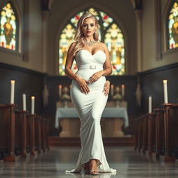 A full-length photograph showcasing a beautiful 18-year-old woman with blond hair, exuding a sexy yet sweet and innocent vibe