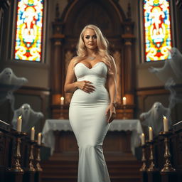A full-length photograph showcasing a beautiful 18-year-old woman with blond hair, exuding a sexy yet sweet and innocent vibe
