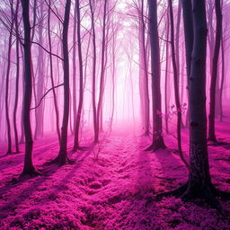 A beautiful and eerie forest bathed in pink hues, with slender trees that have ethereal, glowing bark