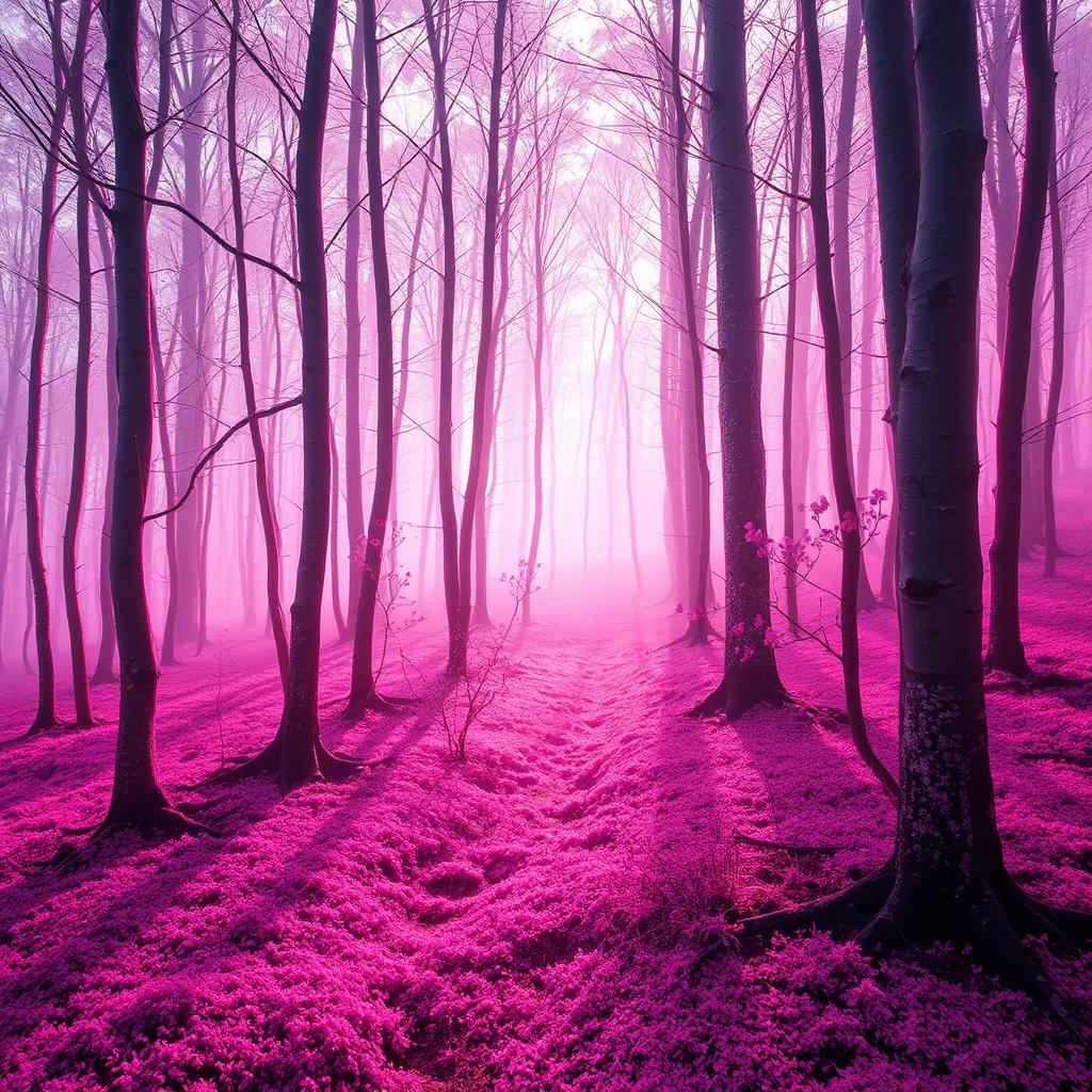 A beautiful and eerie forest bathed in pink hues, with slender trees that have ethereal, glowing bark