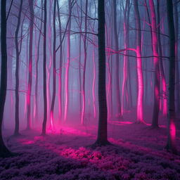 A beautiful and eerie forest bathed in pink hues, with slender trees that have ethereal, glowing bark