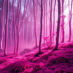 A beautiful and eerie forest bathed in pink hues, with slender trees that have ethereal, glowing bark