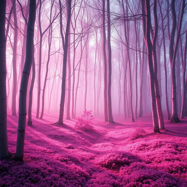 A beautiful and eerie forest bathed in pink hues, with slender trees that have ethereal, glowing bark