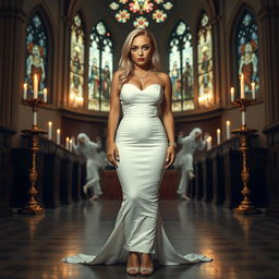 A full-length photograph of a sad, beautiful 18-year-old woman with blond hair, embodying a unique blend of sexy and sweet innocence