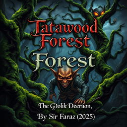 An enchanting and mysterious book cover depicting Tatawood Forest, a lush and vibrant woodland filled with ancient trees, their twisted branches covered in vivid green moss