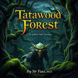 An enchanting and mysterious book cover depicting Tatawood Forest, a lush and vibrant woodland filled with ancient trees, their twisted branches covered in vivid green moss