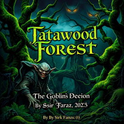 An enchanting and mysterious book cover depicting Tatawood Forest, a lush and vibrant woodland filled with ancient trees, their twisted branches covered in vivid green moss