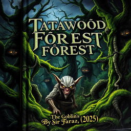 An enchanting and mysterious book cover depicting Tatawood Forest, a lush and vibrant woodland filled with ancient trees, their twisted branches covered in vivid green moss