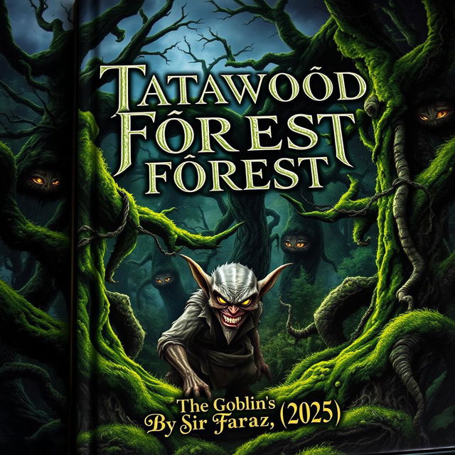 An enchanting and mysterious book cover depicting Tatawood Forest, a lush and vibrant woodland filled with ancient trees, their twisted branches covered in vivid green moss