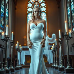 A full-length photograph of a sad yet beautiful 18-year-old woman with blond hair, embodying a unique mix of sexy, sweet, and innocent vibes
