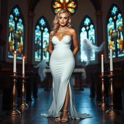 A full-length photograph of a sad yet beautiful 18-year-old woman with blond hair, embodying a unique mix of sexy, sweet, and innocent vibes