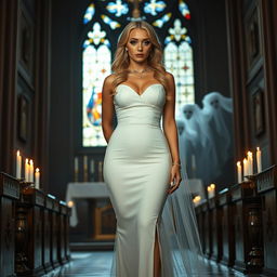 A full-length photograph of a sad yet beautiful 18-year-old woman with blond hair, embodying a mix of sexy, sweet, and innocent qualities