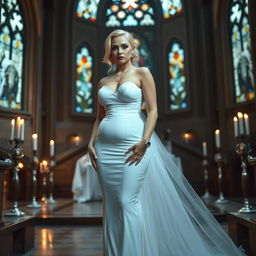 A full-length photograph of a sad yet beautiful 18-year-old woman with blond hair, embodying a mix of sexy, sweet, and innocent qualities