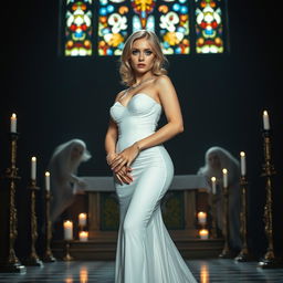 A full-length photograph of a sad yet beautiful 18-year-old woman with blond hair, showcasing a blend of sexy and sweet innocence