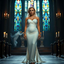 A full-length photograph of a sad yet beautiful 18-year-old woman with blond hair, showcasing a blend of sexy and sweet innocence
