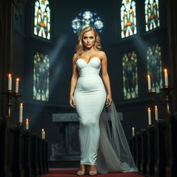 A full-length photograph of a sad yet beautiful 18-year-old woman with blond hair, blending a sexy, sweet, and innocent appearance