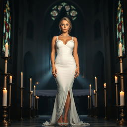 A full-length photograph of a sad yet beautiful 18-year-old woman with blond hair, presenting a mix of sexy, sweet, and innocent charm