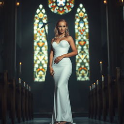 A full-length photograph of a sad yet beautiful 18-year-old woman with blond hair, presenting a mix of sexy, sweet, and innocent charm