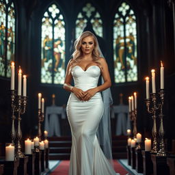A full-length photograph of a sad yet beautiful 18-year-old woman with blond hair, presenting a mix of sexy, sweet, and innocent charm