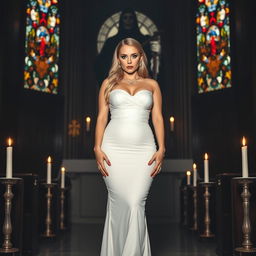 A full-length photograph of a sad yet beautiful 18-year-old woman with blond hair, embodying a blend of sexy, sweet, and innocent qualities
