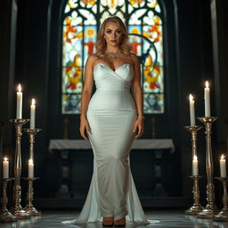 A full-length photograph of a sad yet beautiful 18-year-old woman with blond hair, embodying a blend of sexy, sweet, and innocent qualities