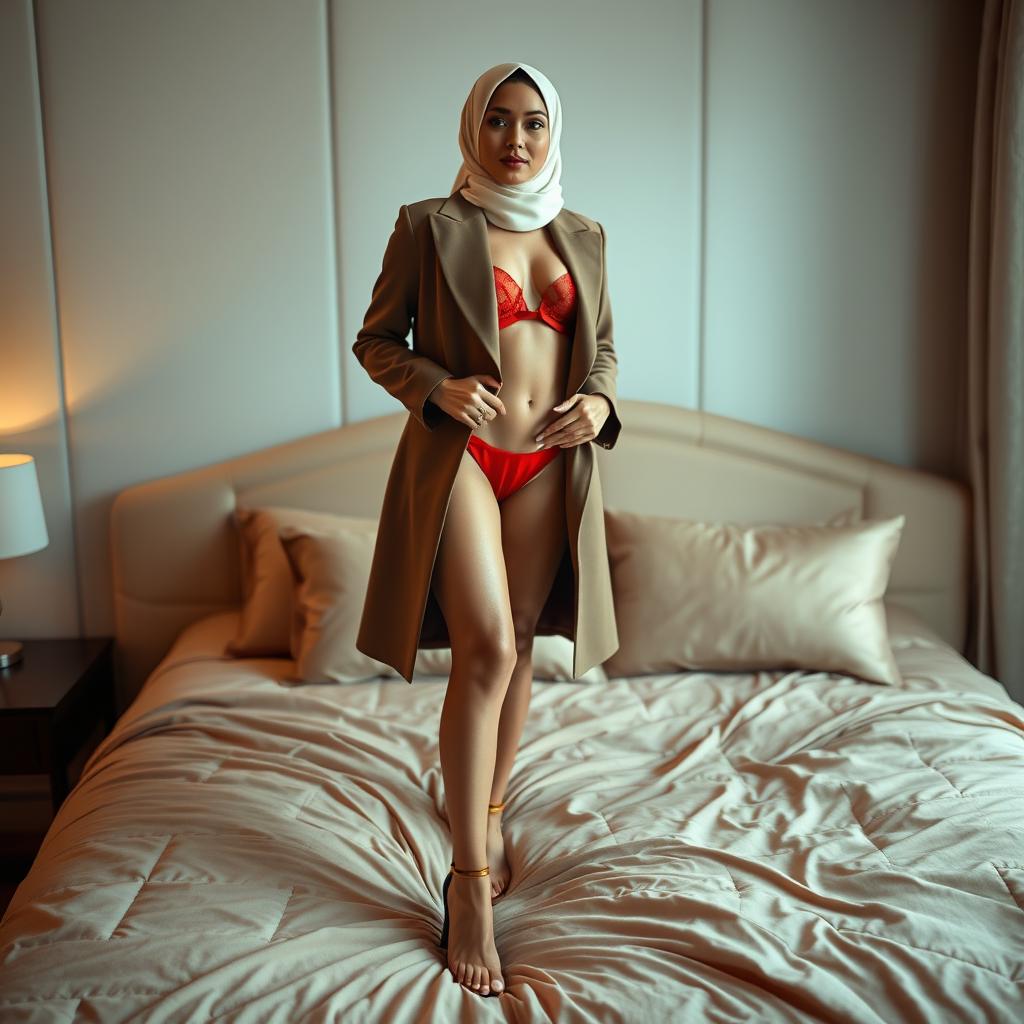 An elegant and beautiful woman standing gracefully on a plush, luxurious bed