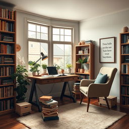 A cozy and stylish study room mood board, featuring a wooden desk with a vintage lamp, an open laptop, and scattered books