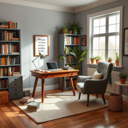 A cozy and stylish study room mood board, featuring a wooden desk with a vintage lamp, an open laptop, and scattered books