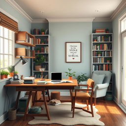 A cozy and stylish study room mood board, featuring a wooden desk with a vintage lamp, an open laptop, and scattered books