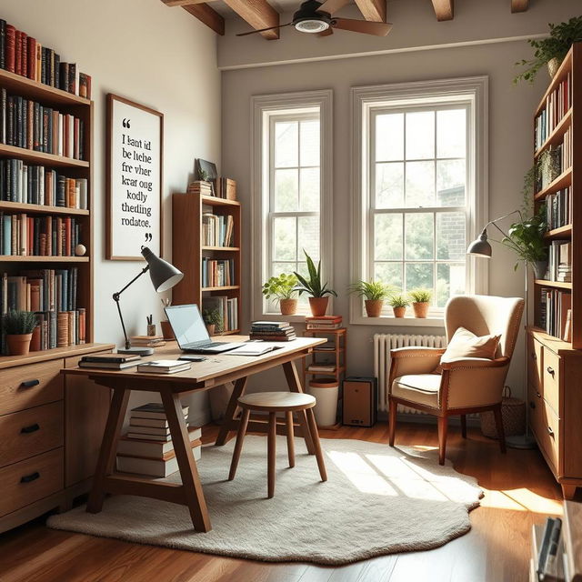 A cozy and stylish study room mood board, featuring a wooden desk with a vintage lamp, an open laptop, and scattered books