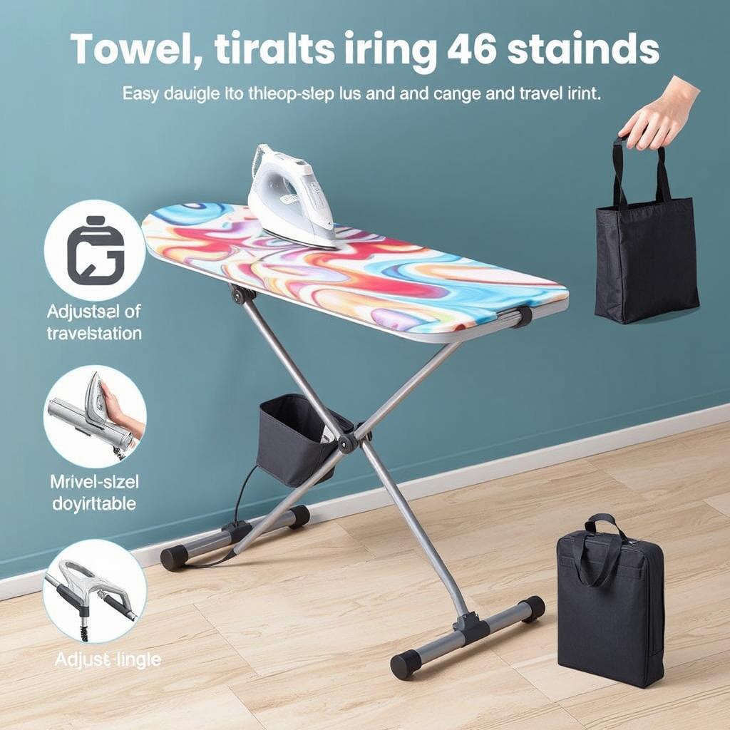 A compact and innovative travel ironing board designed for easy handling and portability, featuring a sleek, modern design with foldable legs and a lightweight frame