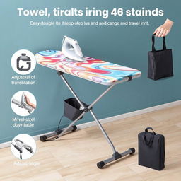 A compact and innovative travel ironing board designed for easy handling and portability, featuring a sleek, modern design with foldable legs and a lightweight frame