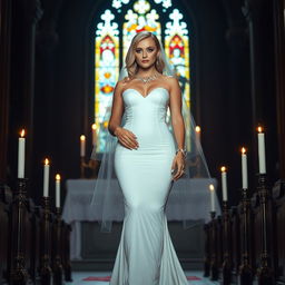 A full-length photograph of a sad yet captivating 18-year-old woman with blond hair, embodying a sexy, sweet, and innocent charm
