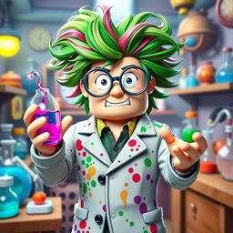 A whimsical and colorful Roblox mad scientist character, with wild, unkempt hair in bright green and mixed hues, wearing oversized round glasses that magnify his eyes comically