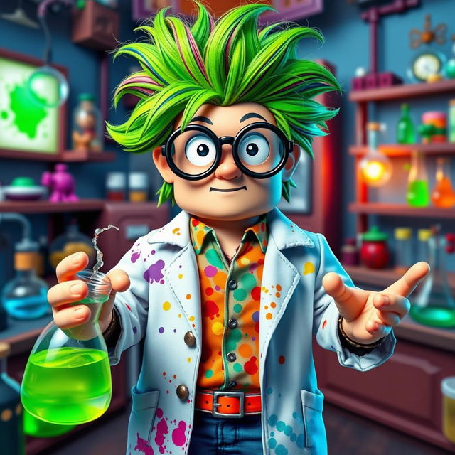 A whimsical and colorful Roblox mad scientist character, with wild, unkempt hair in bright green and mixed hues, wearing oversized round glasses that magnify his eyes comically