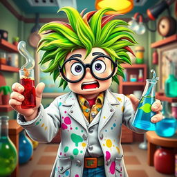 A whimsical and colorful Roblox mad scientist character, with wild, unkempt hair in bright green and mixed hues, wearing oversized round glasses that magnify his eyes comically