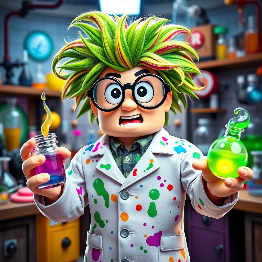 A whimsical and colorful Roblox mad scientist character, with wild, unkempt hair in bright green and mixed hues, wearing oversized round glasses that magnify his eyes comically