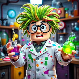 A whimsical and colorful Roblox mad scientist character, with wild, unkempt hair in bright green and mixed hues, wearing oversized round glasses that magnify his eyes comically