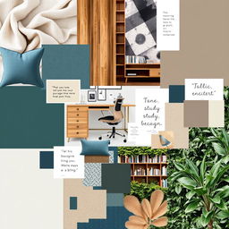 A visually dynamic study room mood board that incorporates a variety of images showcasing interior design elements