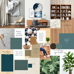 A visually dynamic study room mood board that incorporates a variety of images showcasing interior design elements