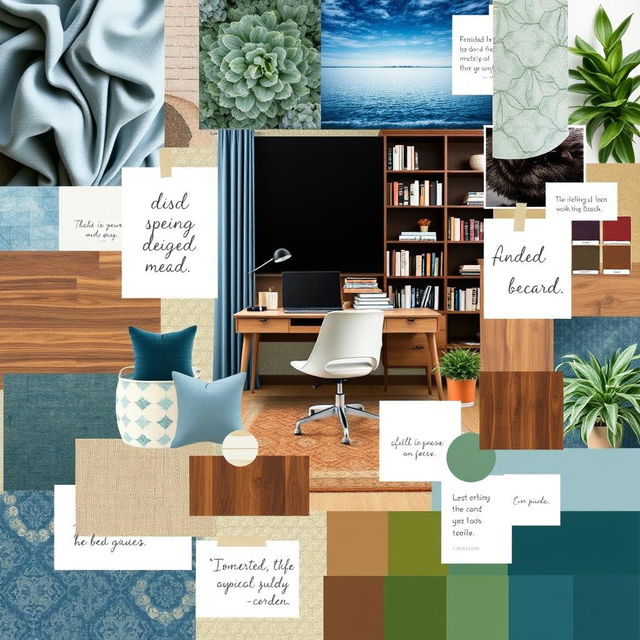 A visually dynamic study room mood board that incorporates a variety of images showcasing interior design elements