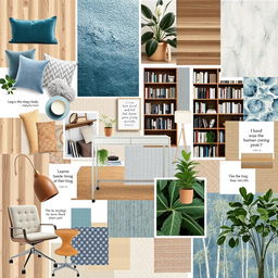 A visually dynamic study room mood board that incorporates a variety of images showcasing interior design elements